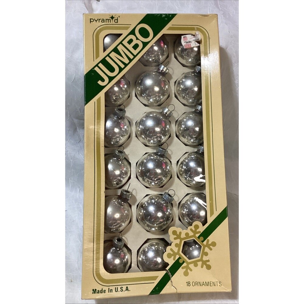 Vintage Silver Pyramid Glass Jumbo Christmas Ornaments Box Set of 18 USA Made